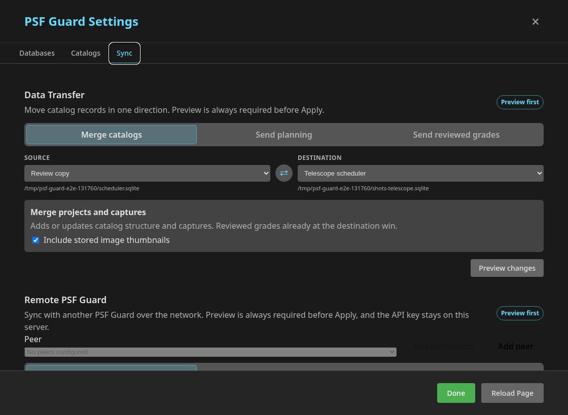 The Data Transfer workspace with named source and destination catalogs and a merge preview gate
