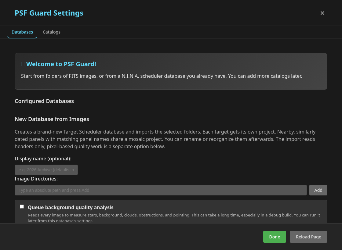 The New Database from Images form, with the optional background quality analysis