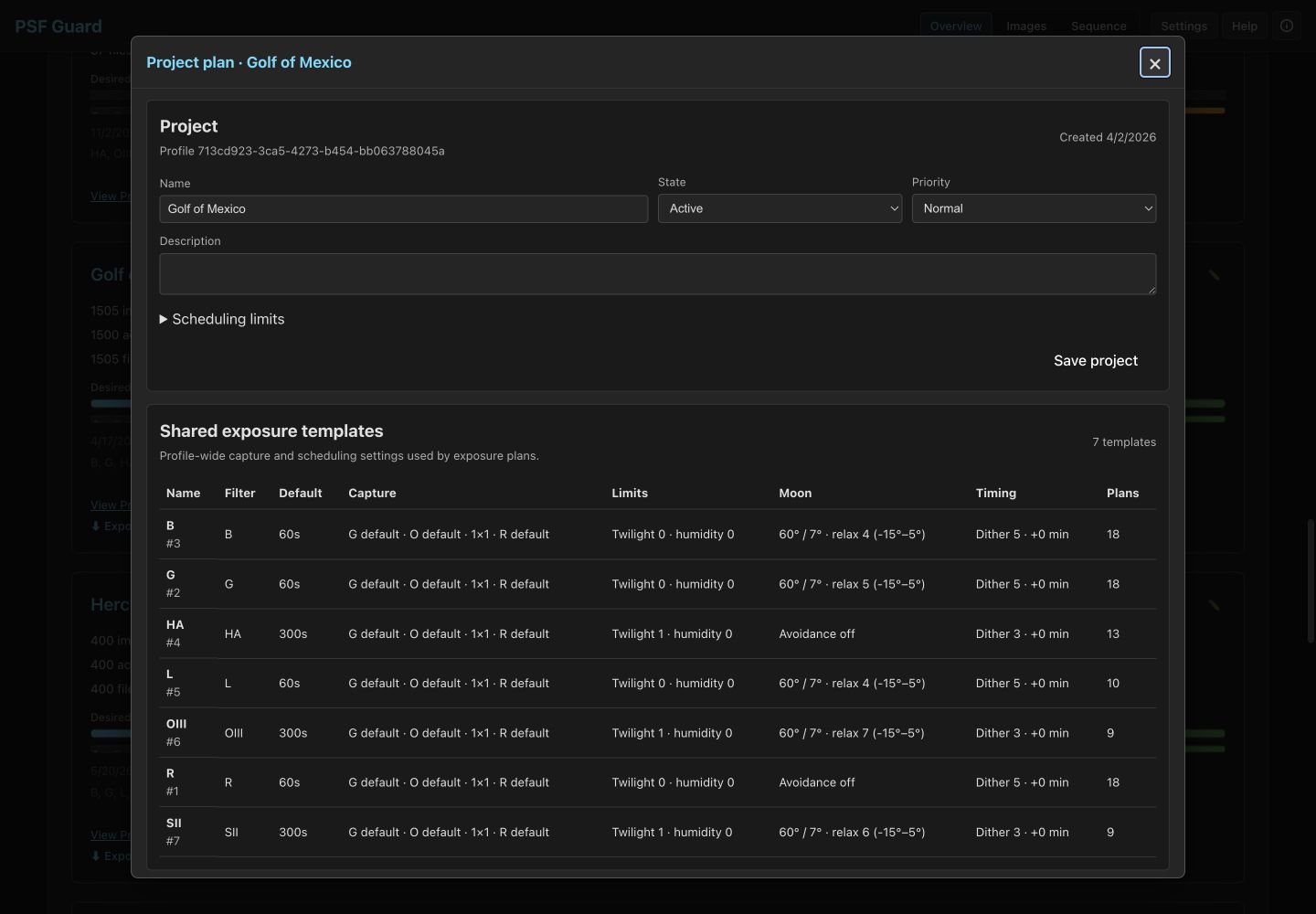 The project plan editor: state, priority, scheduling limits, and seven shared exposure templates for an LRGB-SHO project