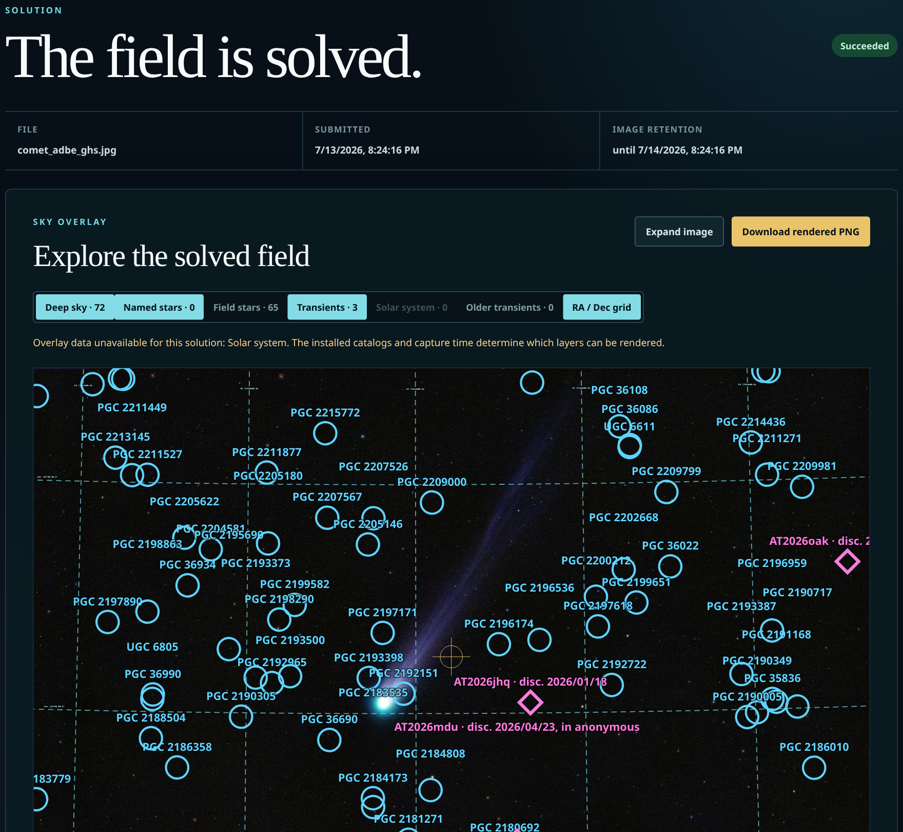 The seiza.fyi solution page: ‘The field is solved.’ with layer toggles for deep-sky objects, field stars, transients and an RA/Dec grid, all drawn over the comet Lemmon frame