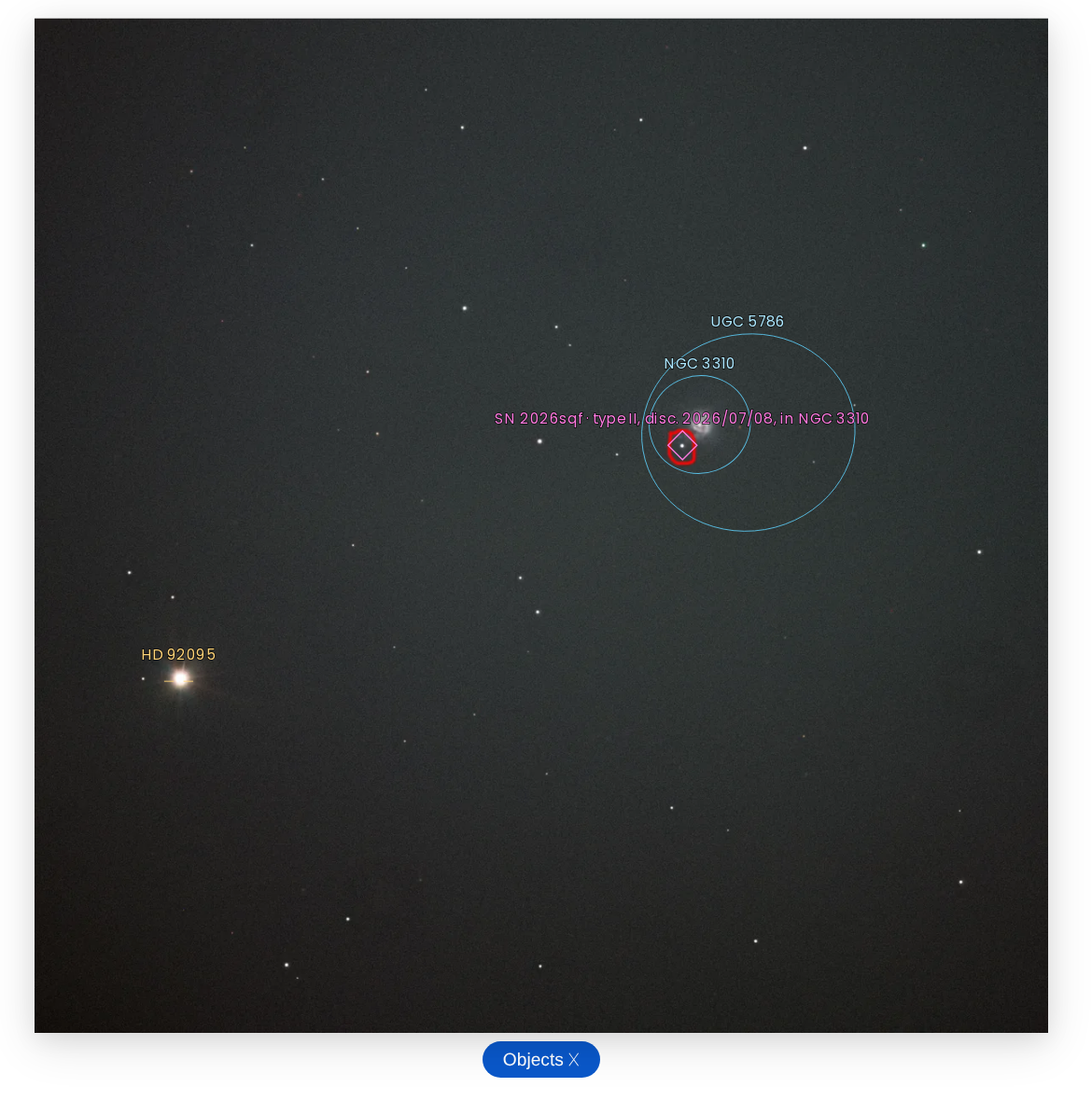 Tenrankai image detail page with the Objects overlay on: NGC 3310 and UGC 5786 circled, HD 92095 labeled, and SN 2026sqf marked as a type II transient discovered 2026/07/08