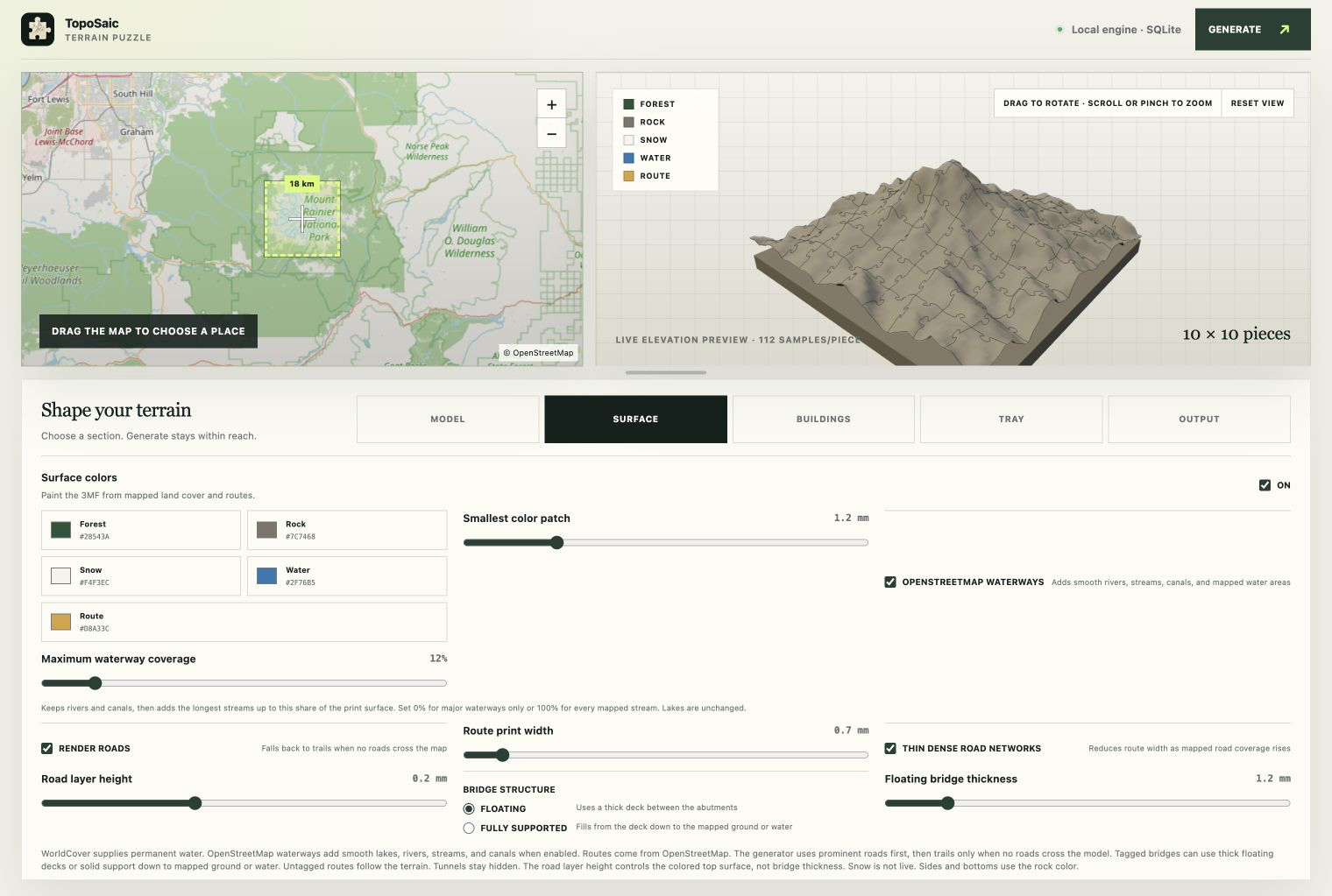 TopoSaic’s surface controls: editable forest, rock, snow, water, and route colors, a waterway coverage slider, road rendering options, and floating-versus-supported bridge structure choices